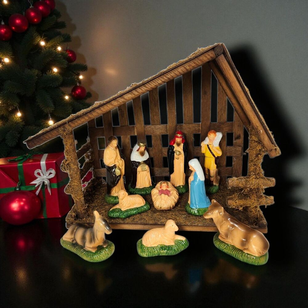 Vintage 11-Piece Nativity Set Manger Taiwan Ceramic Figures Only Missing Joseph